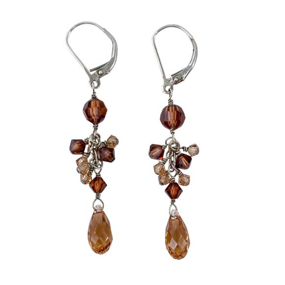 Estate Sterling Silver 925 Chocolate Crystal Dangle Latchback Earrings - Picture 3 of 7